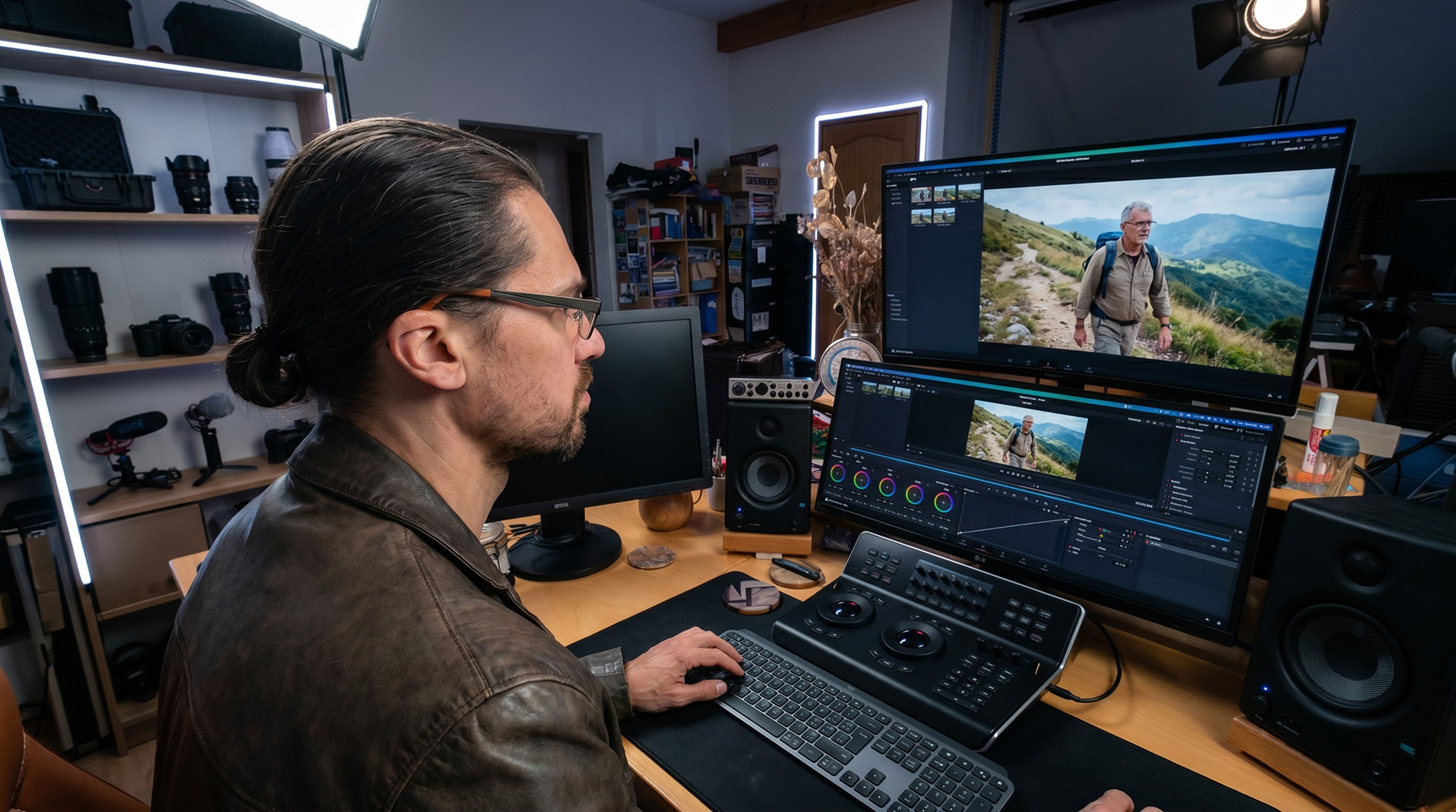 Michael Wandener filmmaker en studio de montage vidéo — réalisateur primé en festivals internationaux